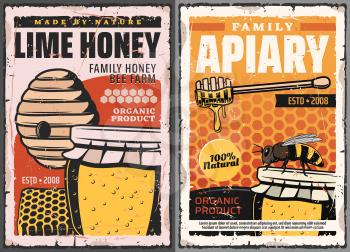 Honey and honeycombs with bee, vector beekeeping farm apiary. Wild bee hive with honey jar and wooden dipper, flower pollen, beeswax and combs retro posters with grunge effects