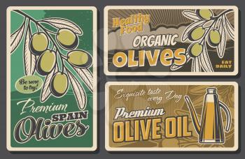 Olive branch and oil bottle retro banners of vector vegetable food. Green fruits of olive tree and vintage jug of extra virgin oil, mediterranean cuisine dishes, Italian antipasto or Spain tapas