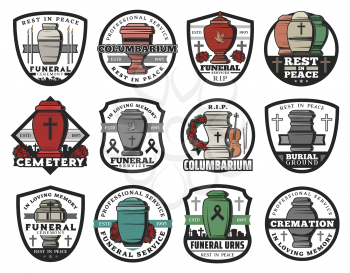 Cremation urn isolated vector badges of funeral service. Columbarium vases, jars and pots for ashes with cemetery tombstone crosses, memorial wreaths and candles, RIP ribbons, doves and crucifixes