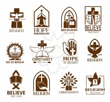 Christian church parish or community icons set. Religion school and bible learning lectures, religious commune symbol or emblem with white dove, crown of thorns and crucifixion, monks outline vectors