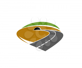 Freeway path, speed road going in tunnel icon. Highway, motorway or mountain backroad turn in tunnel vector. Transportation industry emblem and road voyage or trip design element