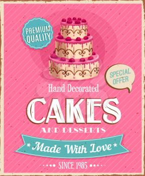 Cakes and desserts, vector confectionery hand decorated sweets. Pastry bakery and patisserie production. Sweet cake or cupcake with raspberry and topping special promo offer, cartoon grunge poster