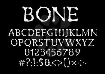 Bones font, halloween vector type, uppercase alphabet letters, digits and symbols. Skeleton pirate style spooky typeface, numbers and signs. Capital english bone cartoon font scary characters set