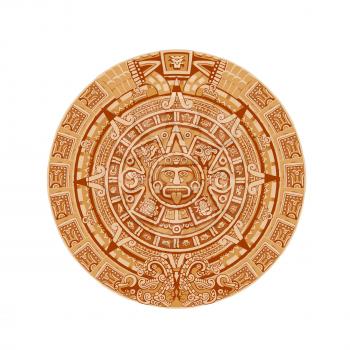 Mayan calendar vector ancient mexican round stone with hieroglyph symbols. Aztec culture, religion and tradition sculpture, astrological calendar with face show tongue isolated on white background