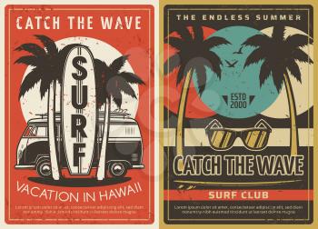 Hawaii vacation and surfing club retro posters. Old van under palm trees, surfboard and beach sunglasses engraving vector. Summer vacation activity, surfing on tropical resort coast vintage banners