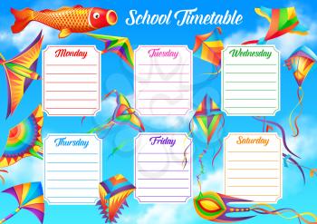 School timetable template with flying in sky kites. Student lessons schedule, child education classes planner and weekly chart. Paper kites in shapes of bird, fish and butterfly cartoon vector