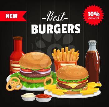 Burgers and combo snacks vector fast food hamburger, cheeseburger with lettuce and vegetables and french fries. Cola, ketchup and mayonnaise sauces with onion rings. Street food meals cartoon poster