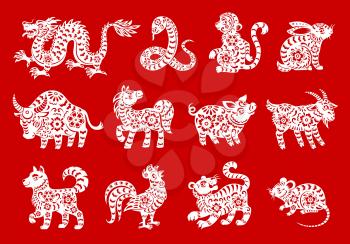 Zodiac symbols of Chinese horoscope animals vector design. Lunar New Year paper cut dragon, rat or mouse, tiger, pig, monkey and dog, horse, snake and goat, ox, rabbit and rooster, astrology themes
