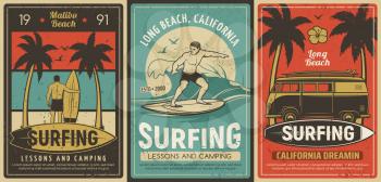 Surfing lessons and camping retro poster. Surfer or surfing instructor standing with surfboard and riding on wave, old van on tropical shore with palm trees vector. Vacation leisure on beach banner