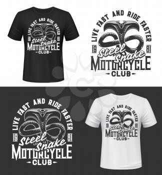Tshirt print with cobra, vector mascot for motorcycle club, apparel mockup with attacking snake extended hood and open mouth. Uniform, t shirt activewear or badge with cobra and steel snake typography