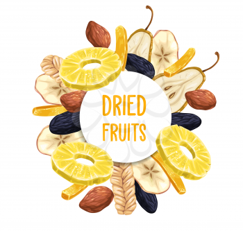 Dried fruits round poster or frame. Pineapple ring, prunes or damson and candied ginger strip, pear slice, dates and dry melon sketch vector. Dried and crystallized fruits vegetarian dessert banner