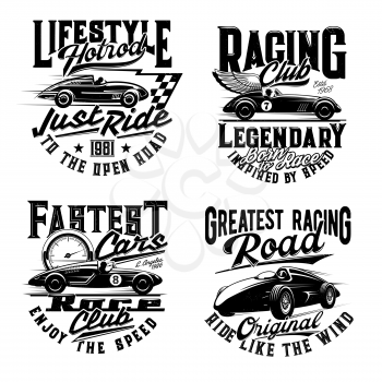 Car races t-shirt print mockup, retro automobile rally and sport club signs. Vintage auto and classic vehicles racing, legendary champion road racing, sportcar and speedometer for t shirt print
