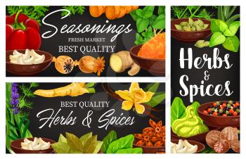 Food spice and herb vector banners with cartoon condiments and seasonings. Thyme, basil, oregano and mint leaves, rosemary, parsley, dill and garlic, ginger, lavender, vanilla and pepper seeds