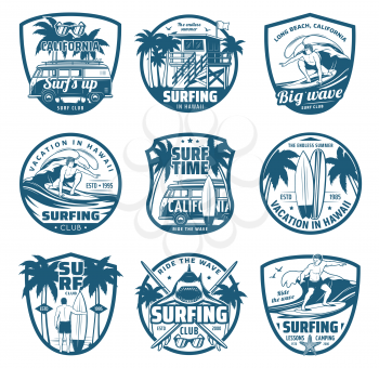 Surfing sport isolated vector icons, surfer club symbols with surf board, sportsman on big wave, traveling van and palm trees. Vacation on Hawaii, California beach surfing sports recreation labels set