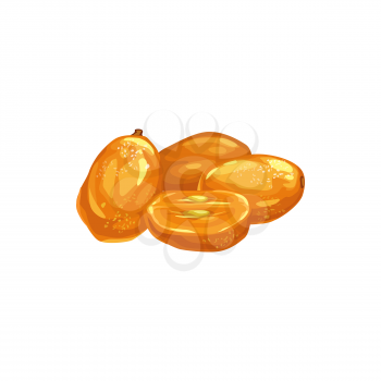 Kumquat dried fruits, dry food snacks and fruit sweets, isolated vector icon. Dried kumquat or cumquat, sweet dessert, culinary fruity ingredient, natural organic dehydrated food