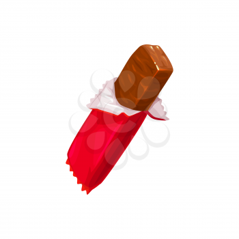 Chocolate bar, candy snack in wrapper package, vector isolated icon. Chocolate candy bar pack, cocoa food confection and confectionery sweet dessert in red wrapper