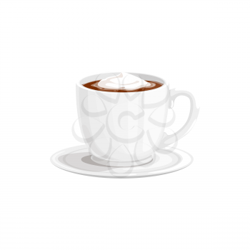 Chocolate hot cup or cocoa drink mug and coffee, vector icon. Hot chocolate or cocoa sweet drink with marshmallow or creamy milk foam in white cup on plate, breakfast dessert drink