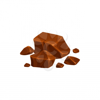 Chocolate pieces, lumps and broken blocks, candy vector isolated icon. Bitter dark or milk chocolate broken blocks and lump pieces, cocoa or cacao food sweet bites and confection desserts
