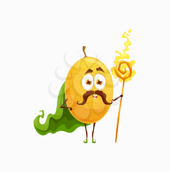 Magician citrus lemon cartoon character isolated funny fruit wizard in cape. Vector yellow plum or citron cute exotics kids children food, berry wizard, magician emoticon kawaii with face