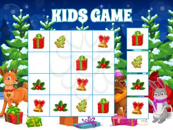Children Christmas puzzle game with animals babies. Kids educational playing activity, child logical rebus or crossword. Reindeer, bear and hare with holiday gifts, holly leaf and bell cartoon vector