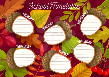 Education timetable schedule with autumn fall tree leaves, acorn and berries. Vector school classes planner template with cartoon oak, birch, rowan or chestnut leaf. Kids time table for weekly lessons