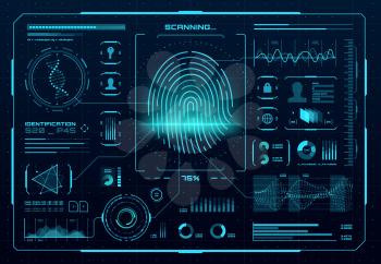 HUD biometric access control interface. Fingerprint scanner, digital identification or authentication technology. Vector thumb print with neon glowing infographic elements, DNA, graphs and charts