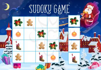 Children Christmas sudoku game with holiday decorations. Child game activity, logical maze for kids with holly leaves and bell, gingerbread man and Christmas tree bauble, Santa flying on sleigh vector