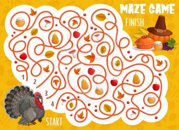 Thanksgiving labyrinth maze game, turkey bird, autumn pie, leaves and harvest. Vector kids puzzle help turkey find way to fall crop. Worksheet for children with tangled path and thanks giving items