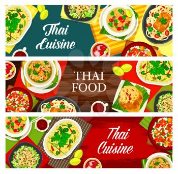 Thai cuisine vector squid salad yam pra muek, lemongrass tea, fried rice with shrimps khao phad kung. Fish coconut curry, noodles with pork satay and peanut sauce, chicken soup tom kha gai food meals