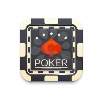 Casino chip icon with poker game symbol. 3d vector gambling game icon, isolated ui element for mobile application or web design. Online casino button, black or white piece with ace of spades and stars