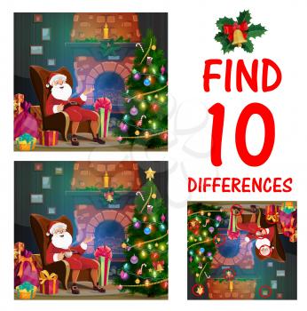 Child Christmas maze with find differences task. Children game, playing activity for kids with Santa character sitting with cup of tea in home living room, fireplace and Christmas tree cartoon vector