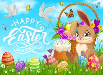 Happy Easter holiday vector poster. Bunny near basket with flowers, painted eggs and cake on green lawn with flying butterflies and doves. Cartoon pottle and rabbit on field. Happy Easter holiday gift