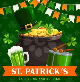 St Patricks Day leprechaun pot of gold vector card of Irish religion holiday. Lucky clover or shamrock leaves, green beer, celtic elf treasure cauldron, hat and golden coins, Ireland flags and drum