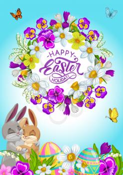 Easter holiday eggs, bunnies and flowers, vector greeting card. Rabbit animals hugging on egg hunt green grass field with spring flower wreath of daffodils, pansies, lilies of valley and crocuses