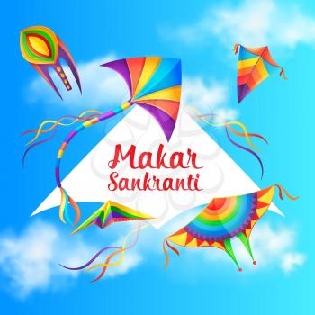 Makar Sankranti holiday celebration background with kites. Hinduism religion Maghi festival greeting or invitation, Hindu calendar solar cycle holiday banner. Flying in sky color kites with ribbons