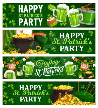 St. Patricks Day cartoon banners. Vector leprechaun in green top hat hold pot with gold coins and pint of Irish ale. Saint Patrick day traditional festival, celtic party cards with shamrock, bagpipe