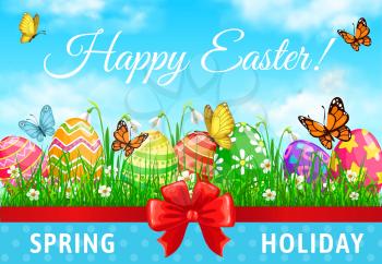 Happy Easter holiday vector poster, decorated eggs on grass blades with spring flowers. Cartoon painted eggs lying on green field with butterflies and red ribbon. Happy Easter hunt party invitation