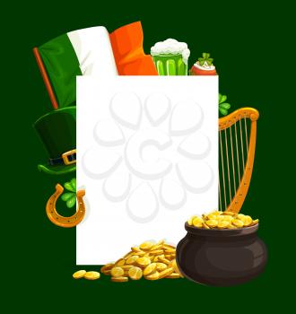 St. Patrick Day cartoon vector poster with blank sheet, pot with golden coins, leprechaun green hat, national flag, harp and horseshoe with shamrocks. Saint Patricks traditional festival, celtic party