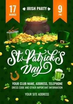 St. Patricks Day party vector flyer, cartoon poster with leprechaun pot stand on gold pile with top hat, Ireland ale, drum, shamroks and lettering on green background. Saint Patrick party invitation