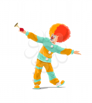 Clown, circus and big top chapiteau or shapito funfair carnival vector character. Big top circus cartoon clown in yellow and red wig costume with pipe horn or whistle, birthday party performer