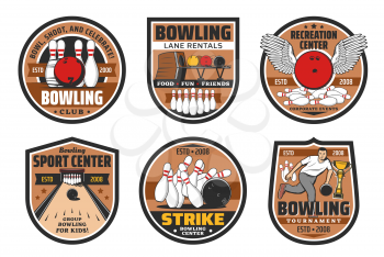 Bowling alley, skittle ground center vector icons. Ninepin bowling strike game tournament, sport recreation tournament and family entertainment center lane rentals, pins and ball with wings