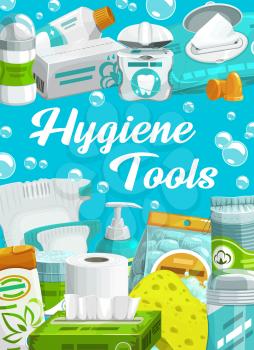 Hygiene bath care, shower bathroom shampoo and soap, personal health products. Hygiene toiletries and cosmetics, toilet paper and deodorant, toothpaste and wet wipes, bath sponge and soap bubbles