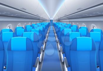 Plane or airplane cabin interior with seats and windows vector design of passenger aircraft, airline flight and air travel. Aisle of economy class with rows of empty chairs, portholes, luggage shelves