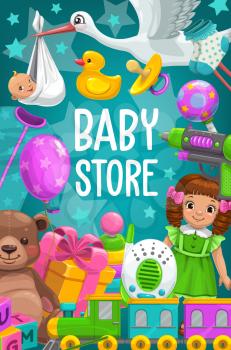 Kid toys and baby games shop. Vector poster with bear and dolls. Boy and girl toys newborn nurse radio, water gun and alphabet cubes, child bath duck, pacifier and train, bootie and nipple