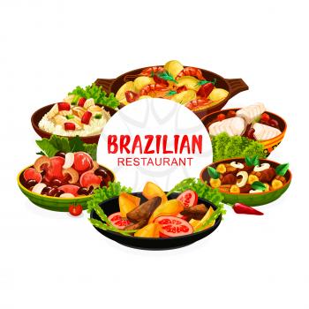 Brazilian cuisine feijoada beans and fish stew bacalhau, moqueca seafood and liver with bananas, corn soup and churrasco meat skewers. Brazilian traditional breakfast, lunch and dinner meals, vector