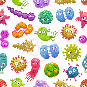 Viruses seamless pattern background with vector bacteria and germ characters. Cute microbe cell monsters of coronavirus, flu and influenza, adenovirus, rotavirus and papillomavirus, pathogens backdrop