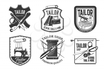 Sewing icons, tailor shop needle ans sewing machine, vector tailoring and dressmaker atelier labels. Handmade tailor shop tools, scissors and pins, thread and buttons, measure tape and stitch