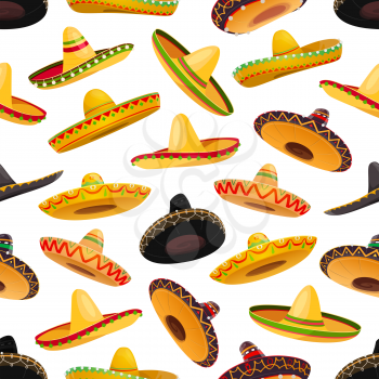 Sombrero hats seamless pattern. Vector background of Mexican fiesta party and Cinco de Mayo holiday with mariachi musician sombrero hats with wide brims, ball fringe and colorful ethnic ornaments