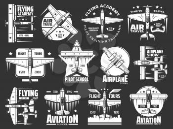 Aviation school and academy icons, aircraft and airplane, pilots and flight aviators vector retro badges. Air travel and flight training school, civil and military aviation propeller airplane show