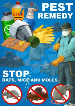 Pest remedy, rodents extermination, deratization sanitary control service vector poster. House rats, mice and moles pest control poison disinfection, mouse traps and fumigation disinfestation